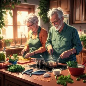 elderly couple cooking